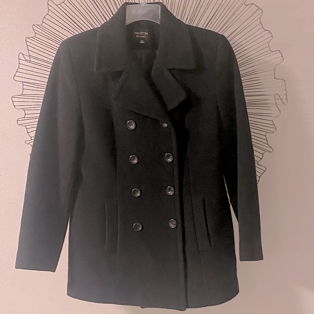 Halston Heritage Double-Breasted Black Peacoat Size 10
